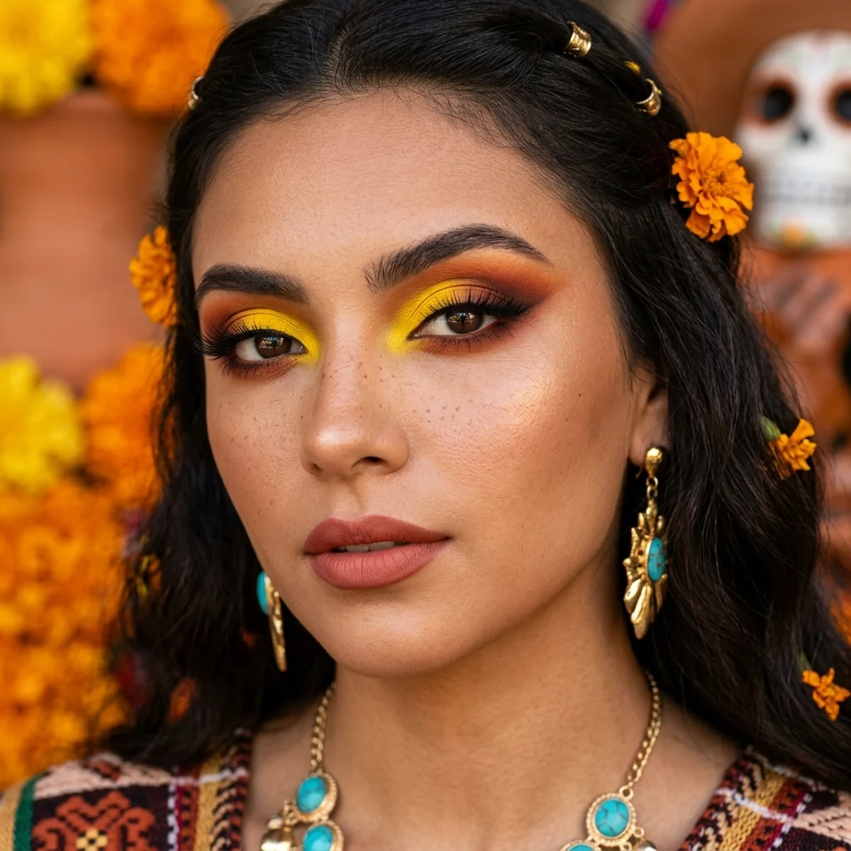 32 Stunning Mexico Makeup Trends and Latina Beauty Ideas 24 Marigold Yellow Accents