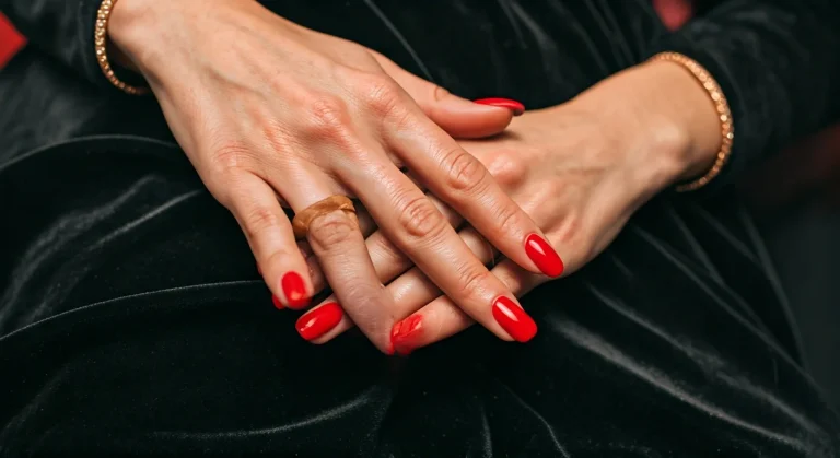 Glossy classic red manicure resting on a black velvet dress