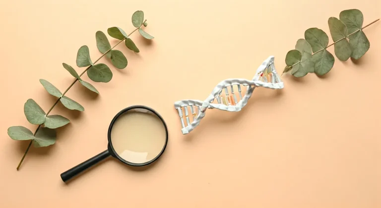 Scientific flat lay representing the genetics of red body hair and melanin