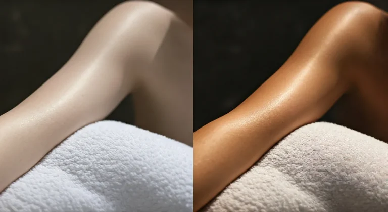 Before and after comparison of arm skin tone showing a subtle one week tanning bed result.