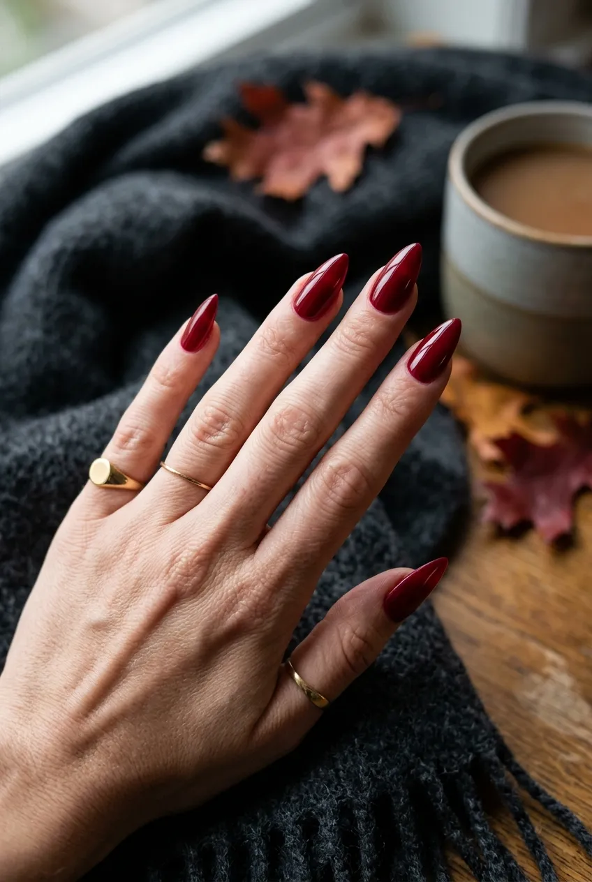 30 Stunning August Nails to Transition from Summer to Fall 56 Deep Ruby Red Stiletto