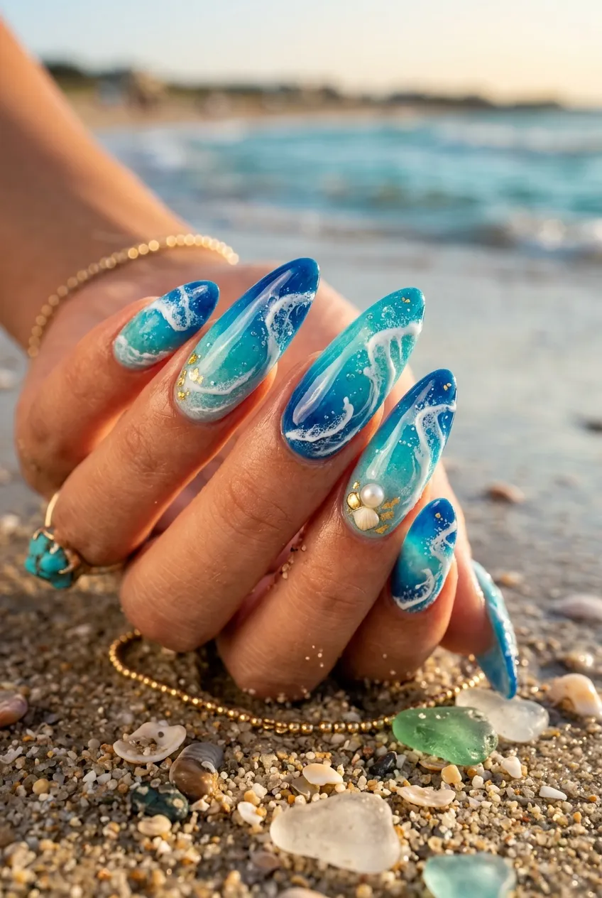 30 Stunning August Nails to Transition from Summer to Fall 40 Turquoise Ocean Waves