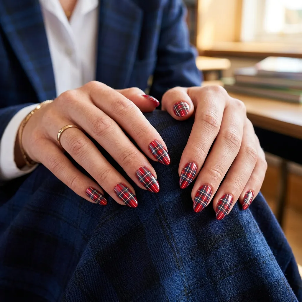 Preppy Tartan Plaid back to school nail design