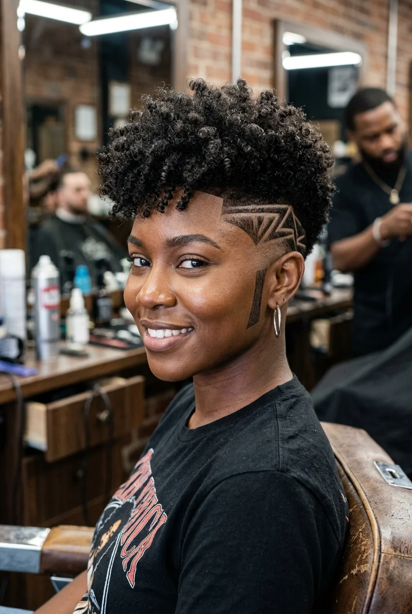 30 Gorgeous Coily Pixie Cuts You Have to See 39 Pixie with Geometric Design Fade