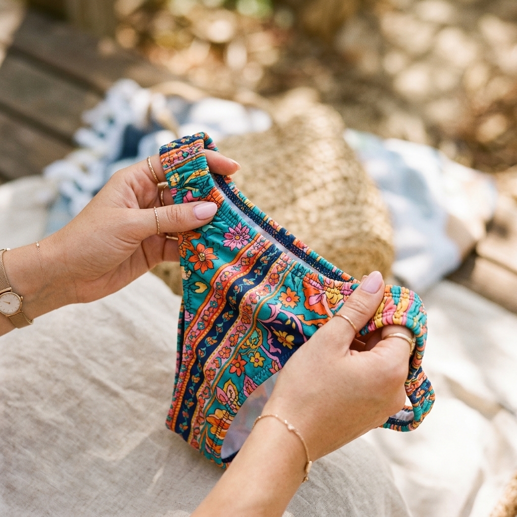 a person stretching swimsuit fabric to check its elasticity