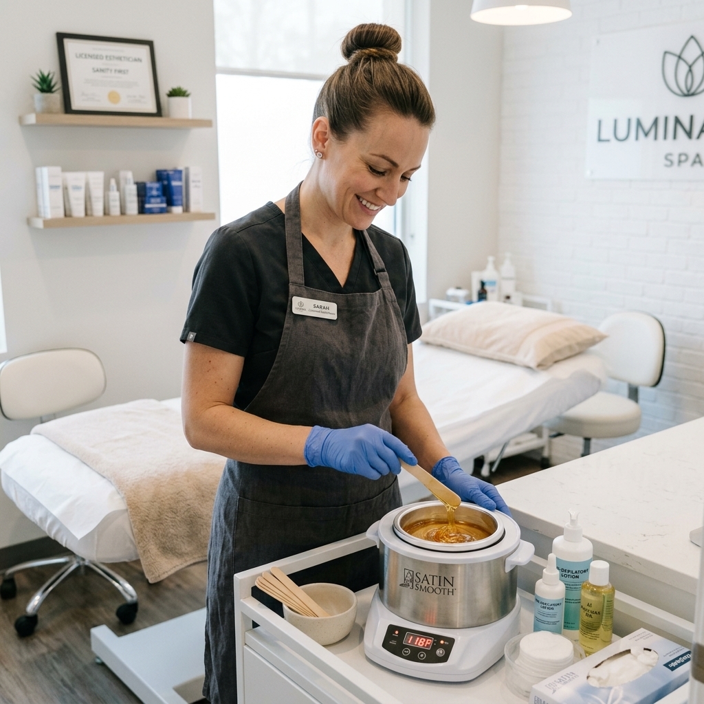 Erection During Waxing: Understanding and Managing It 2 An esthetician preparing warm wax in a professional salon setting