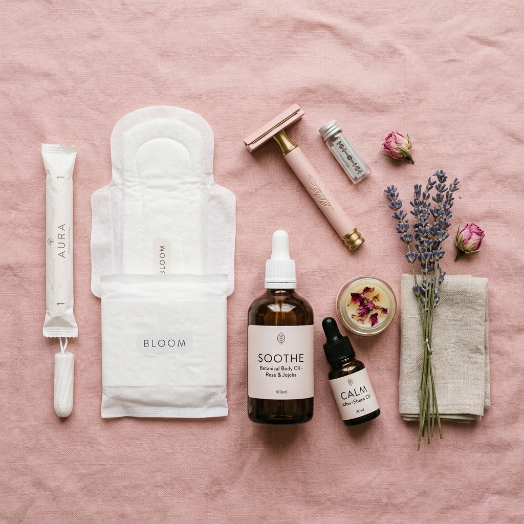 Aesthetic flat lay of feminine hygiene products and razor