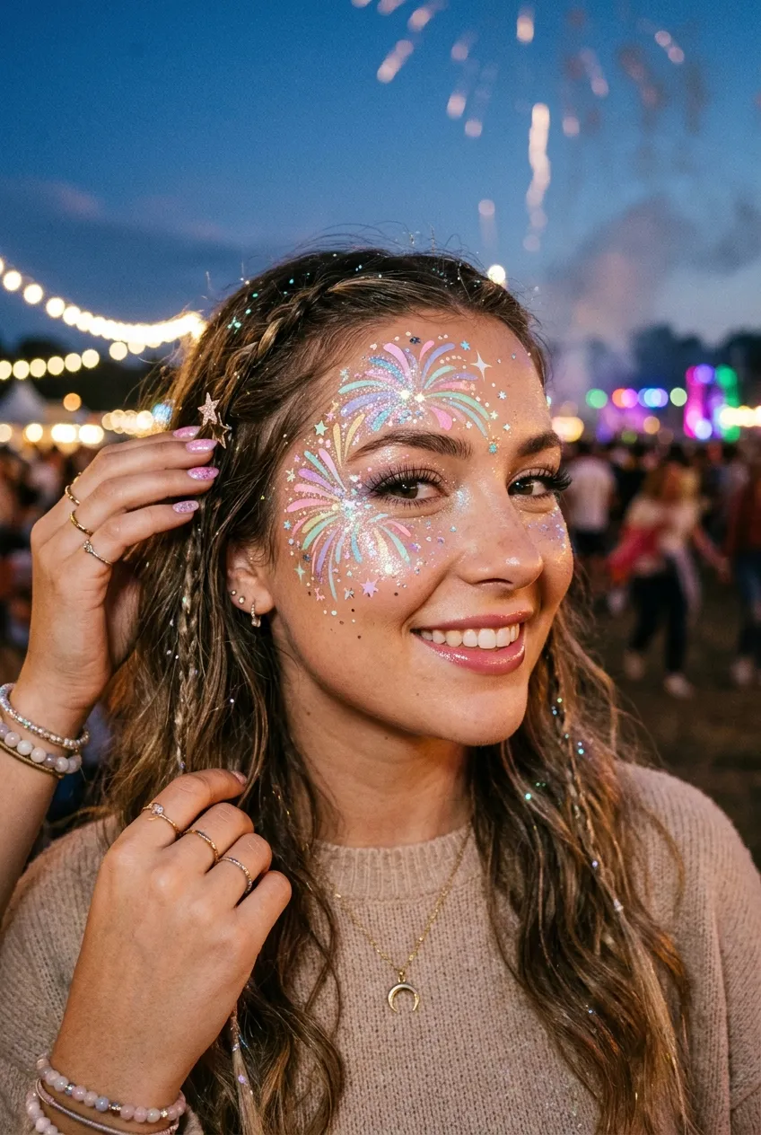 Soft pastel fairy-core firework face paint with glitter dust