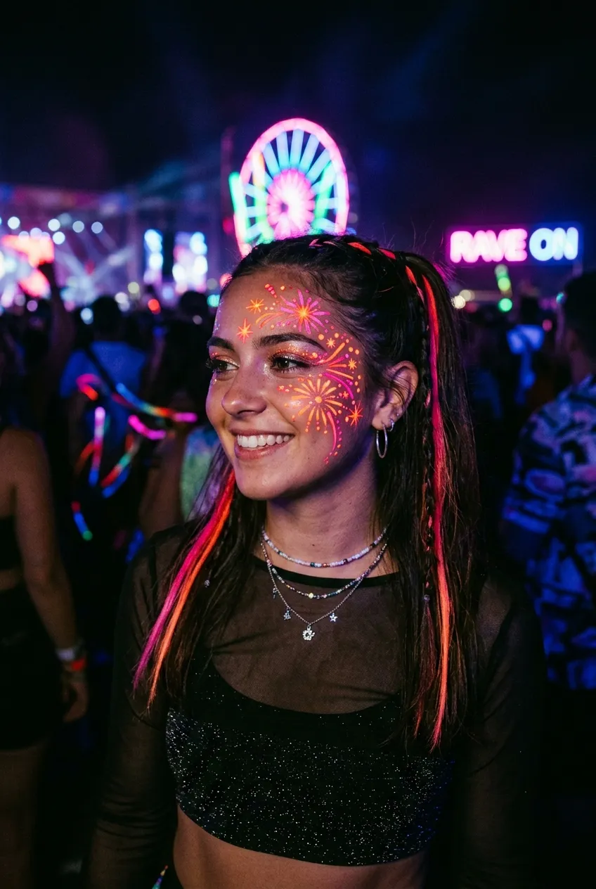 Cyberpunk UV reactive orange and pink firework face paint