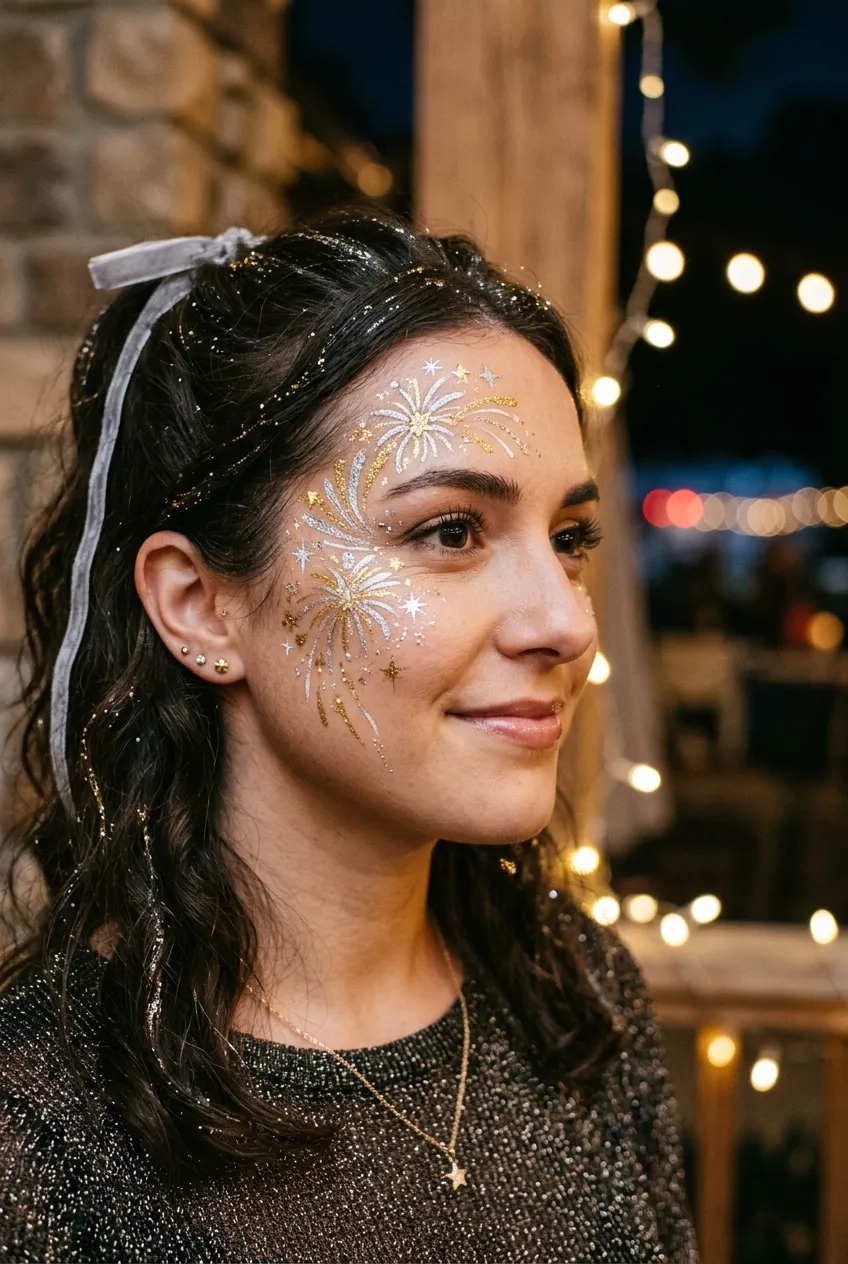 Elegant silver and gold New Year's Eve firework face paint