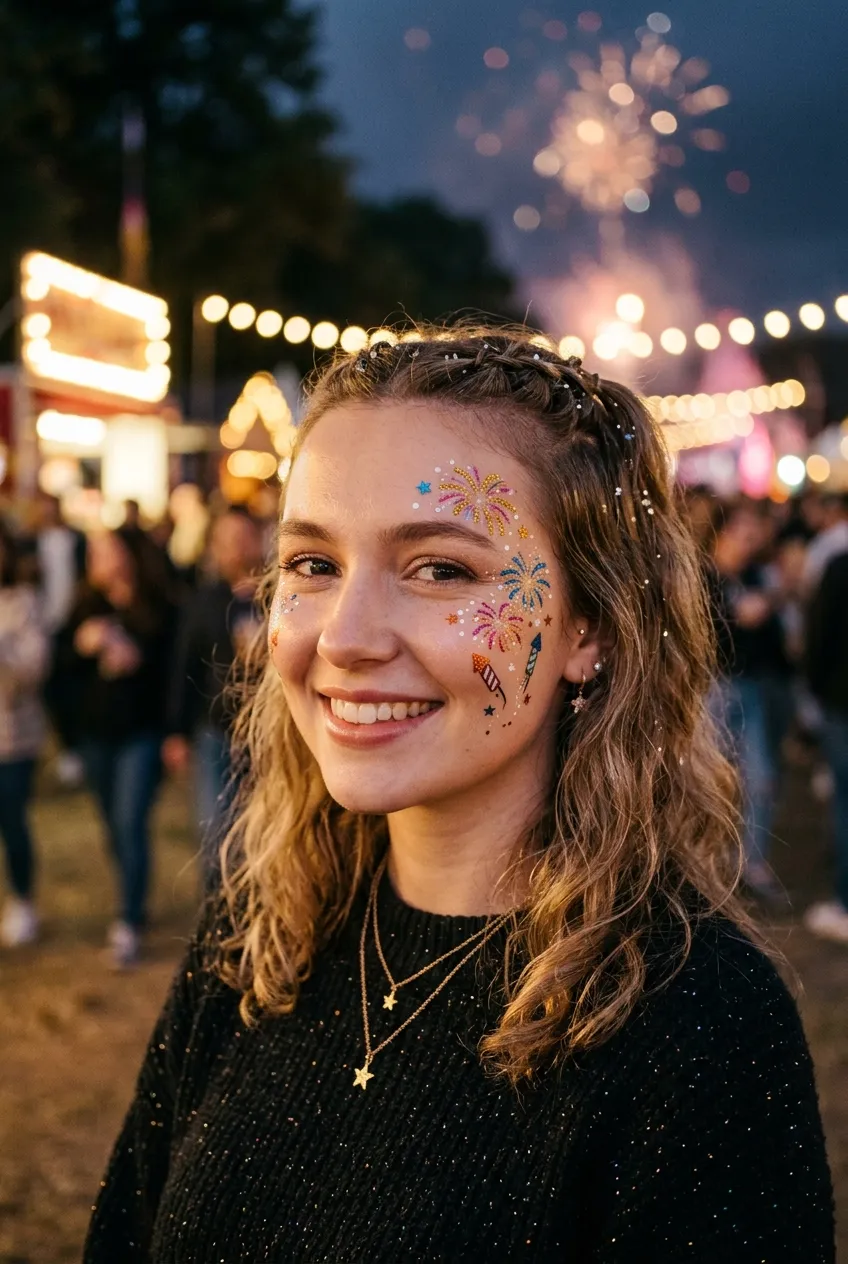 Cute mini firework face paint design on a toddler's cheek