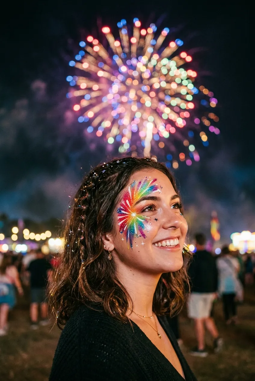 Rainbow explosion firework face paint for pride