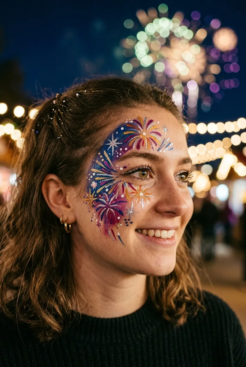 Abstract flowing firework face paint sweeping up the neck