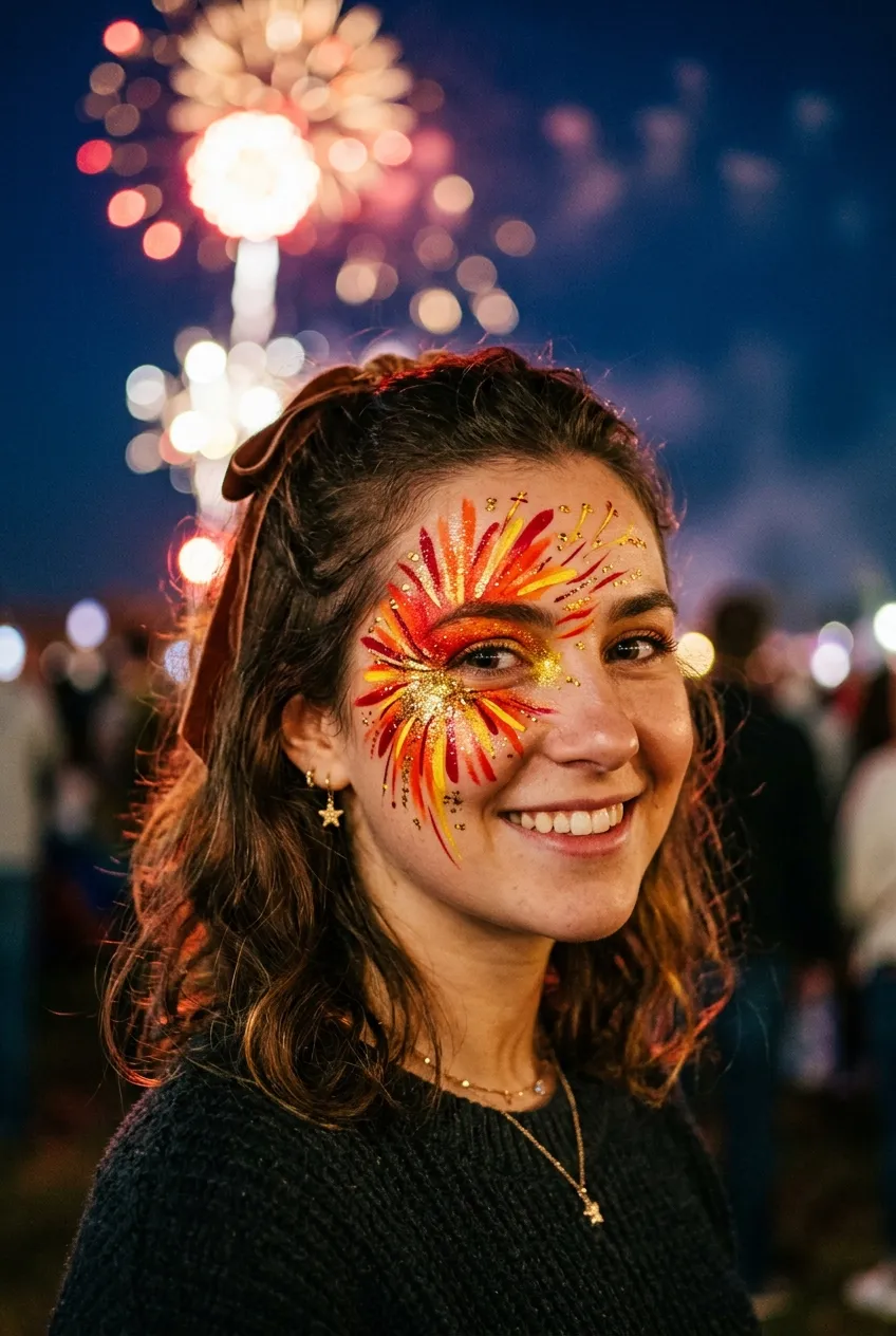 Intense fiery red and yellow firework face paint