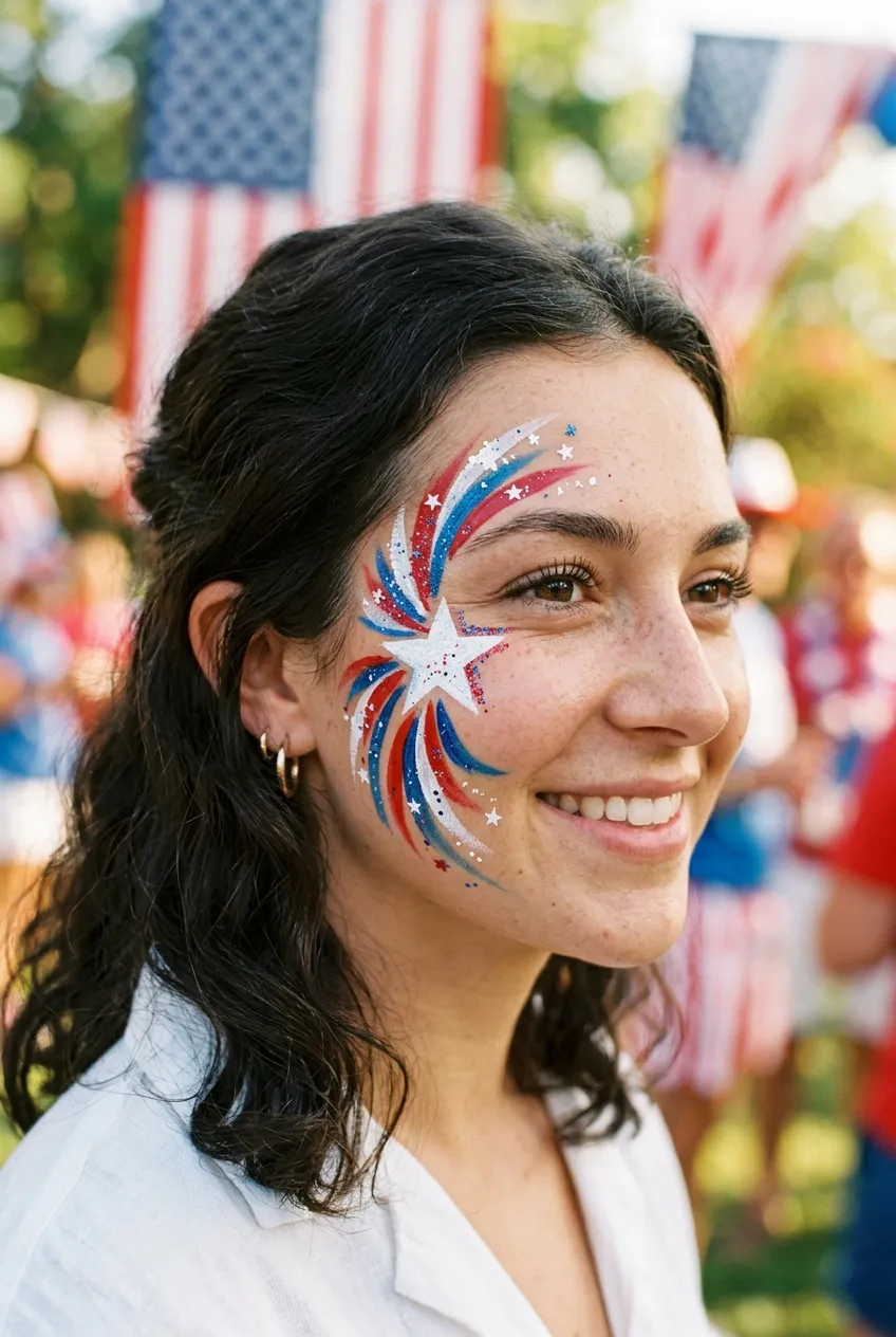 Classic red white and blue starburst face paint on cheek