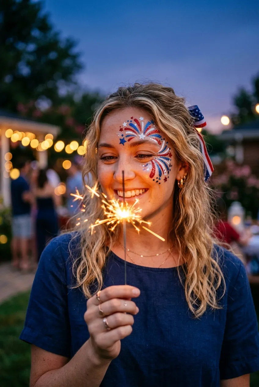 Realistic 4th of July sparkler firework face paint with glow effect