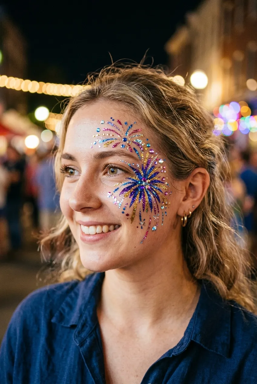 Holographic glitter firework face paint shining in the sun