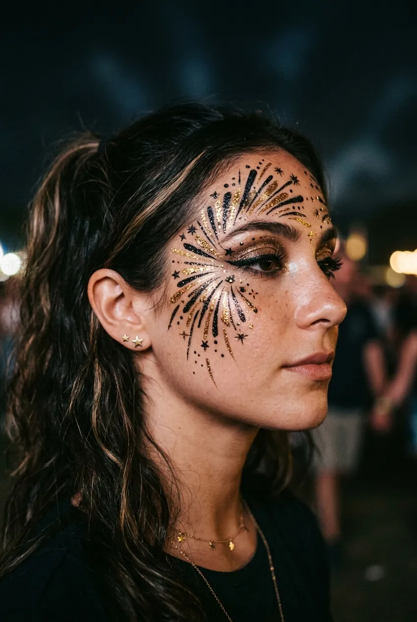 Dramatic black and gold luxury firework face paint