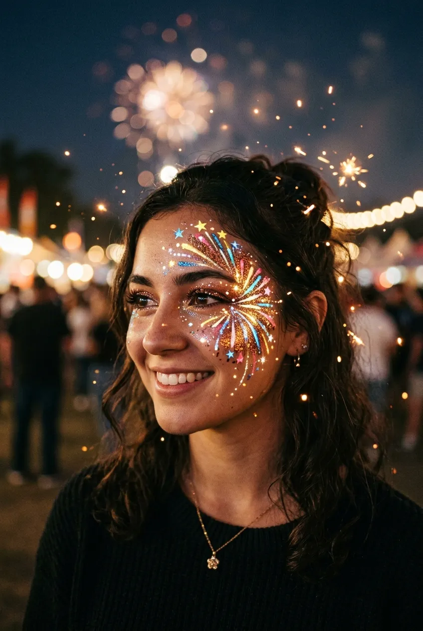 Firework face paint with realistic deep shadowing and glowing sparks