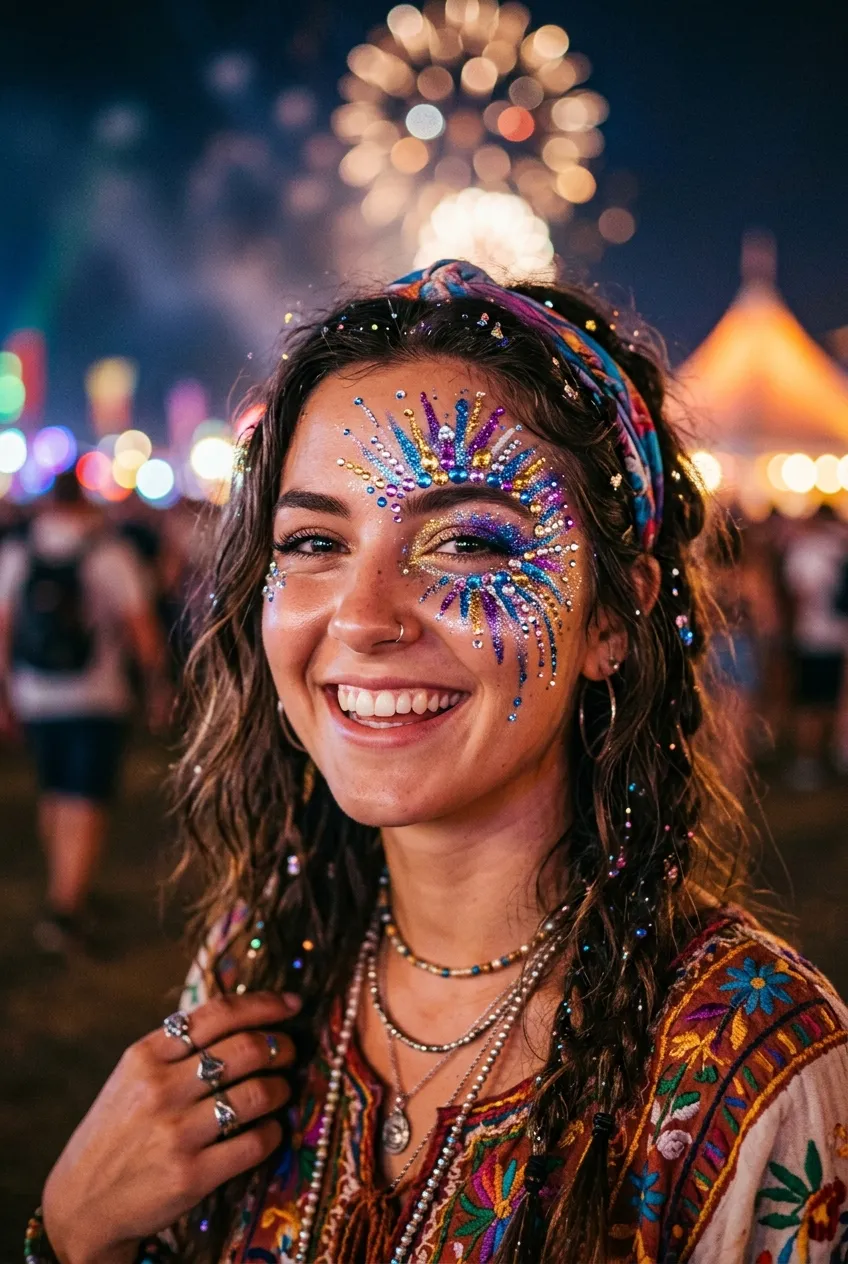 Festival firework face paint featuring chunky rhinestone bling clusters