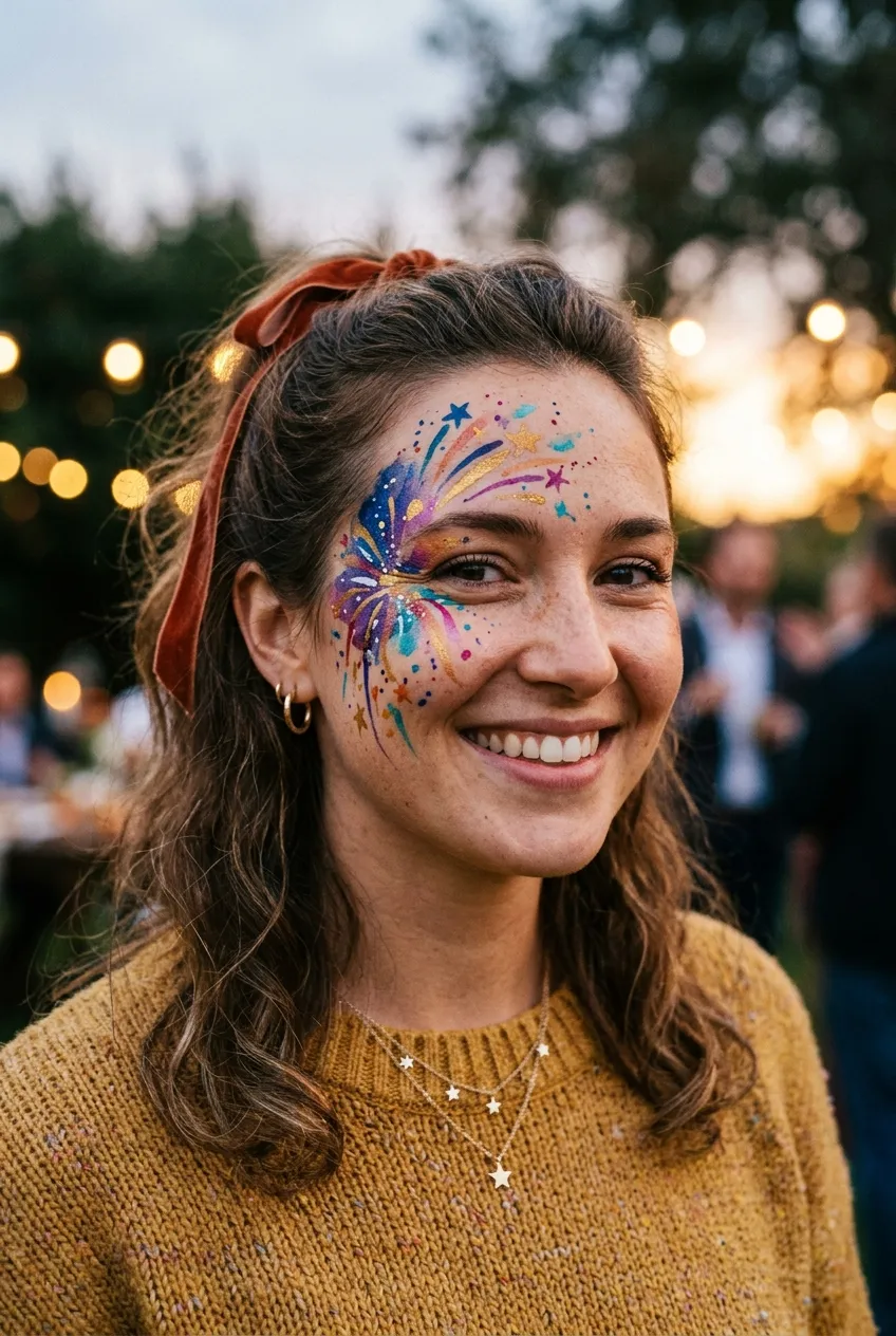 Soft watercolor style firework face paint with organic splashes