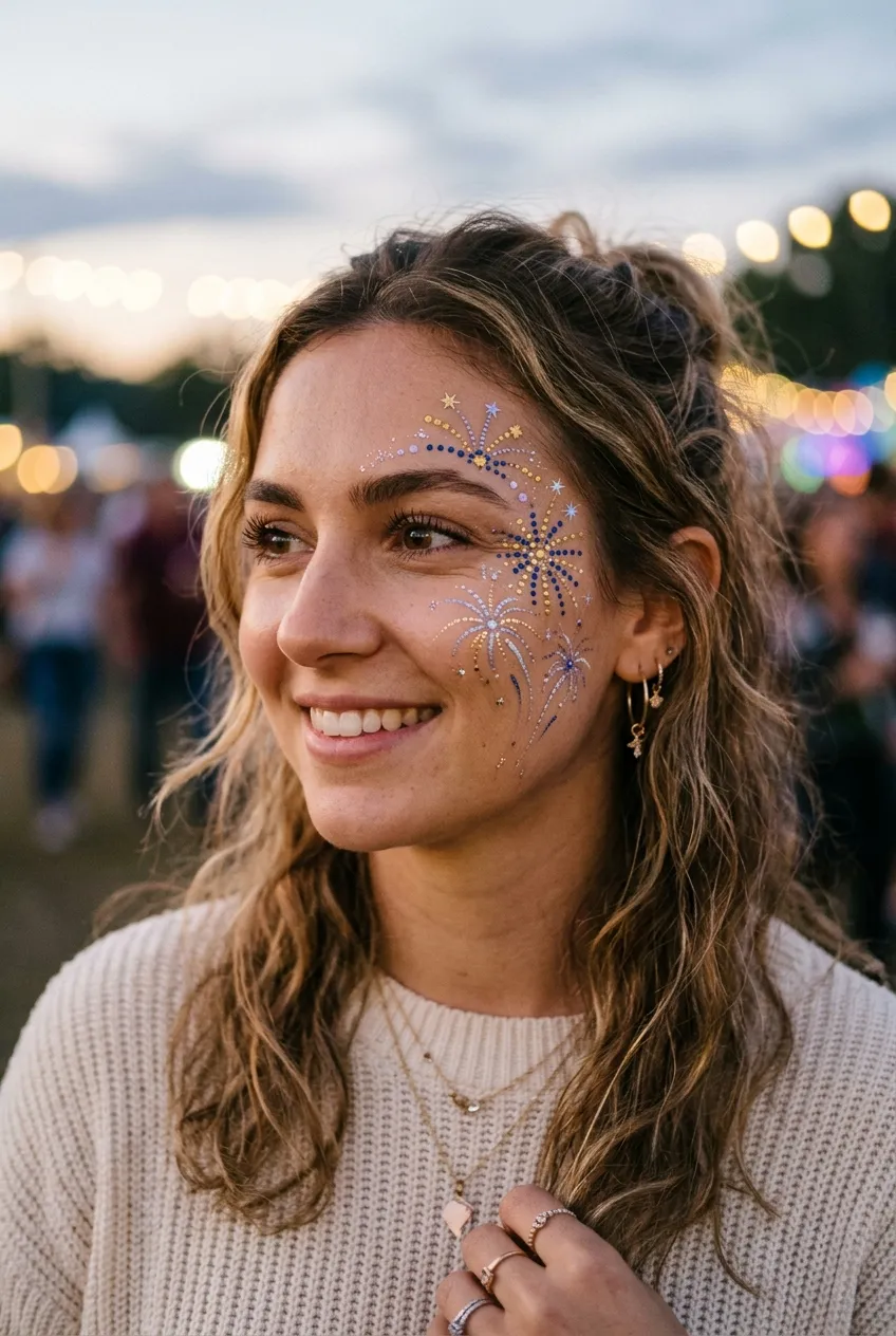 Delicate dot-work mandala fusion firework face paint