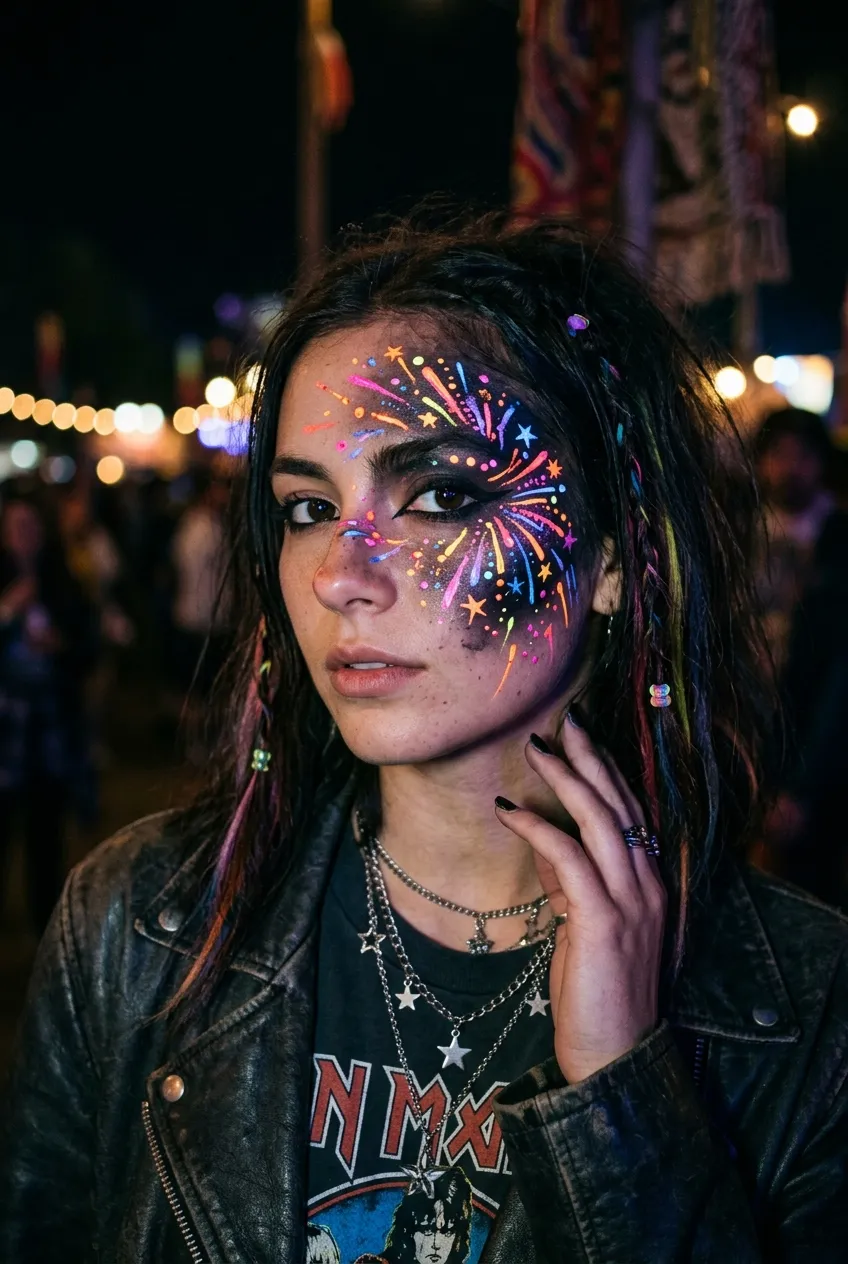 Dark aesthetic grunge firework face paint with aggressive neon splashes