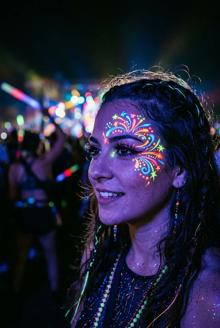 Neon UV reactive glowing firework eye makeup