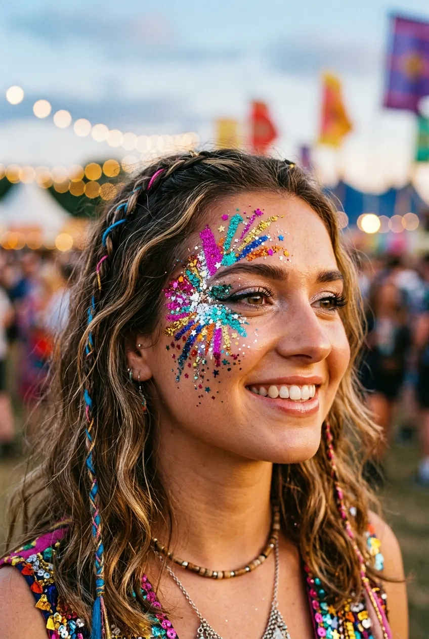 Glitter explosion firework face paint with heavy cosmetic glitter
