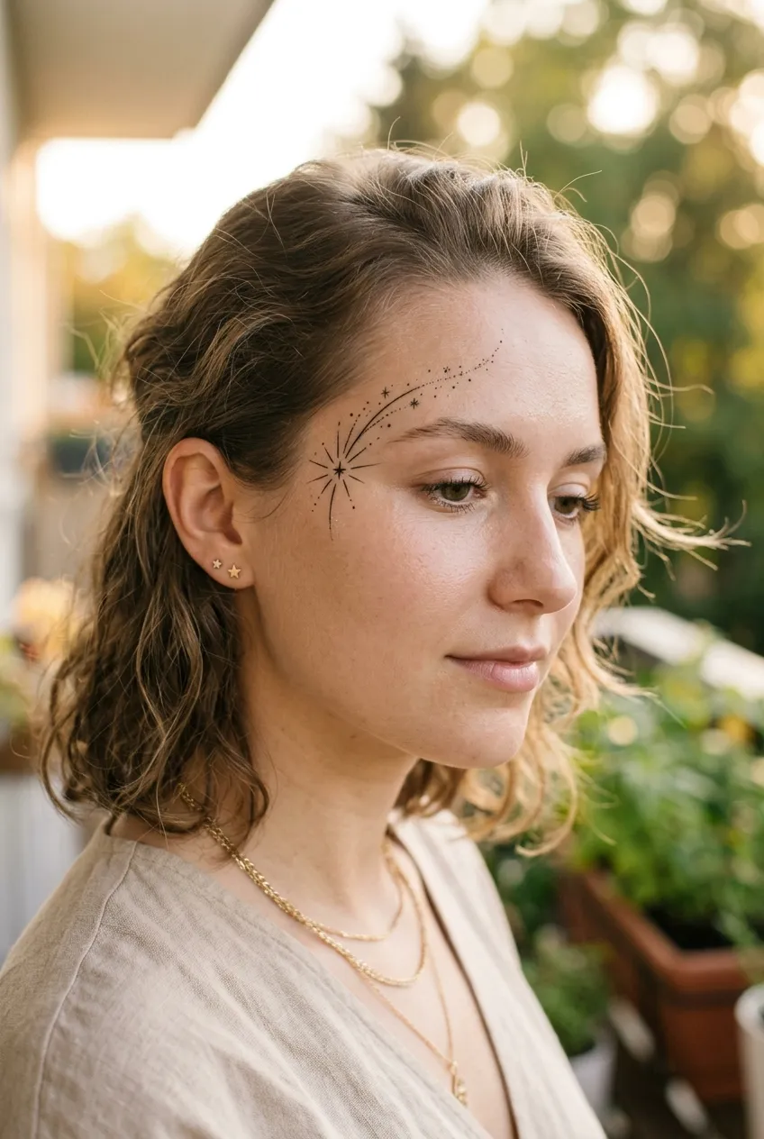 Minimalist star trail firework face paint near the temple