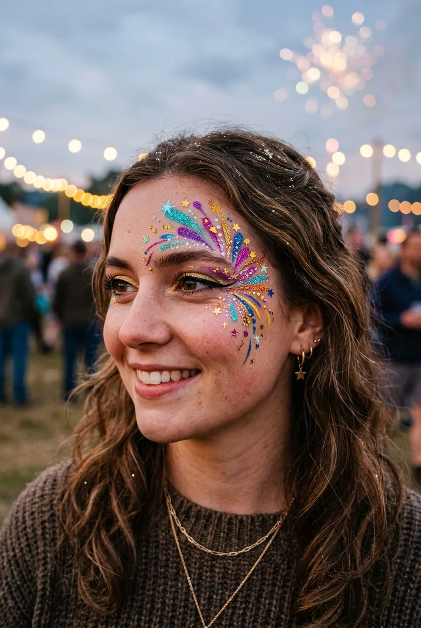 Bright pop-art comic book style firework face paint with black outlines