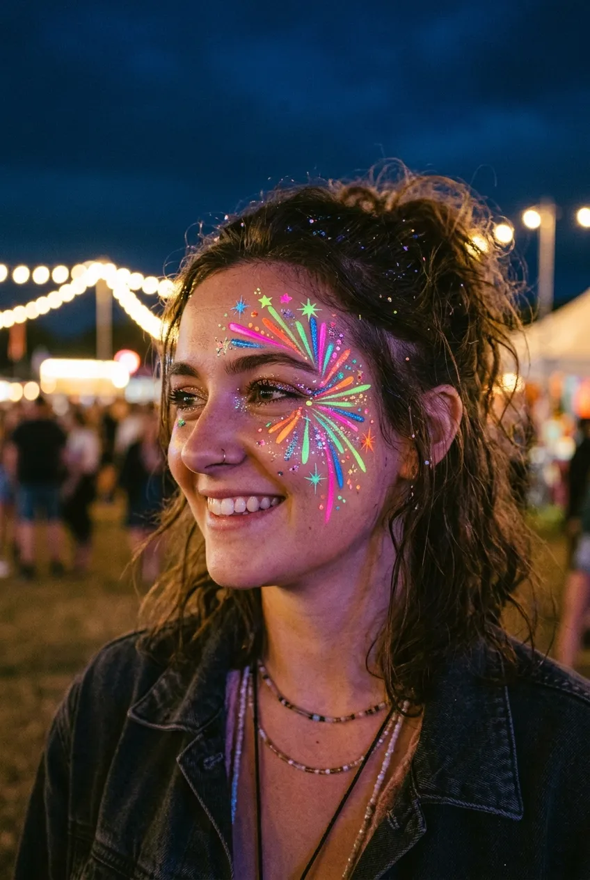 Neon abstract starburst splatter firework face paint