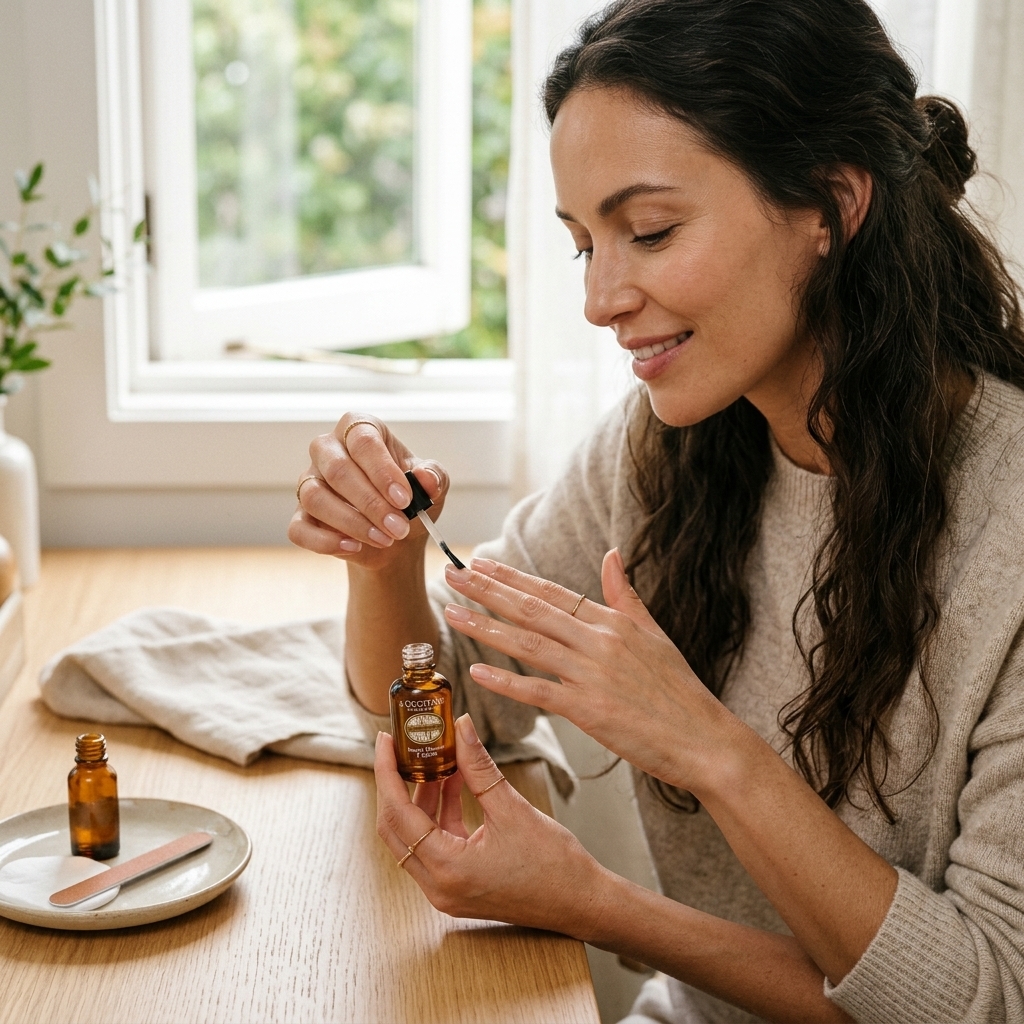Woman applying nourishing cuticle oil to her healthy, natural nails after removing dip powder