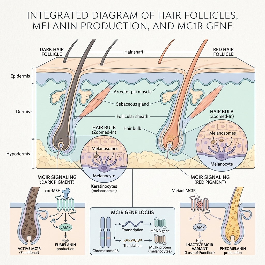 Scientific anatomical diagram illustrating hair follicles and melanin production