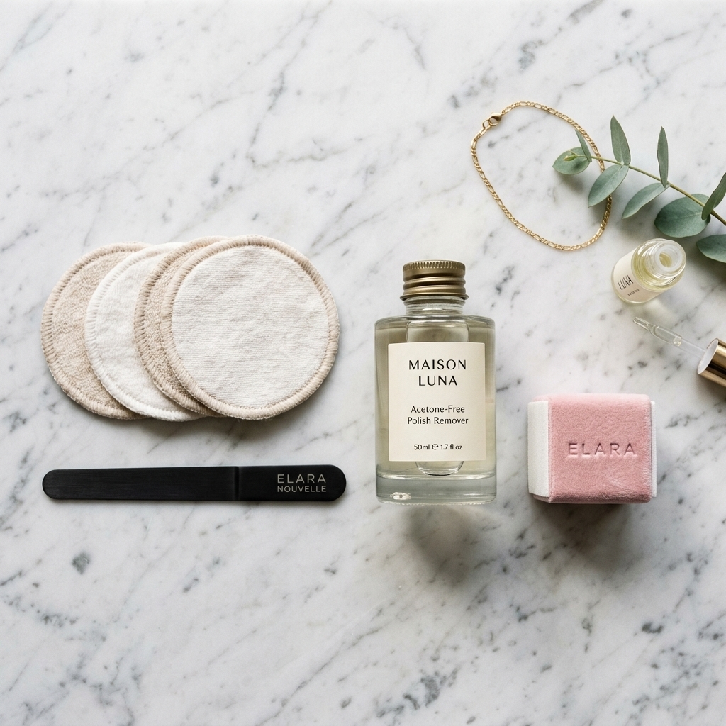 Aesthetic flatlay of nail care tools including a sleek nail file, cotton pads, and buffer block