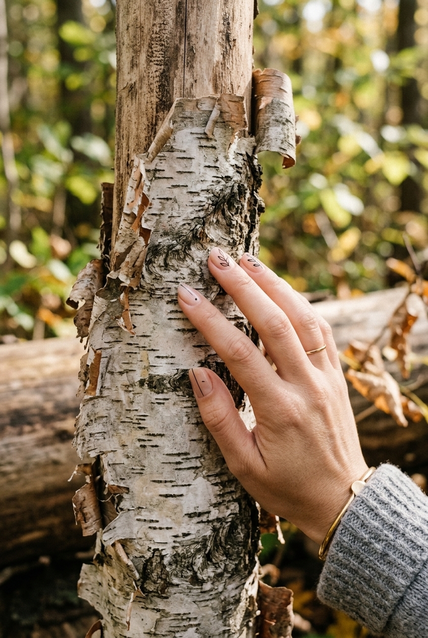 25. Minimalist Black Line Art on a Birch Bark Background