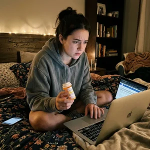Patient reading Pristiq reviews for anxiety on a laptop