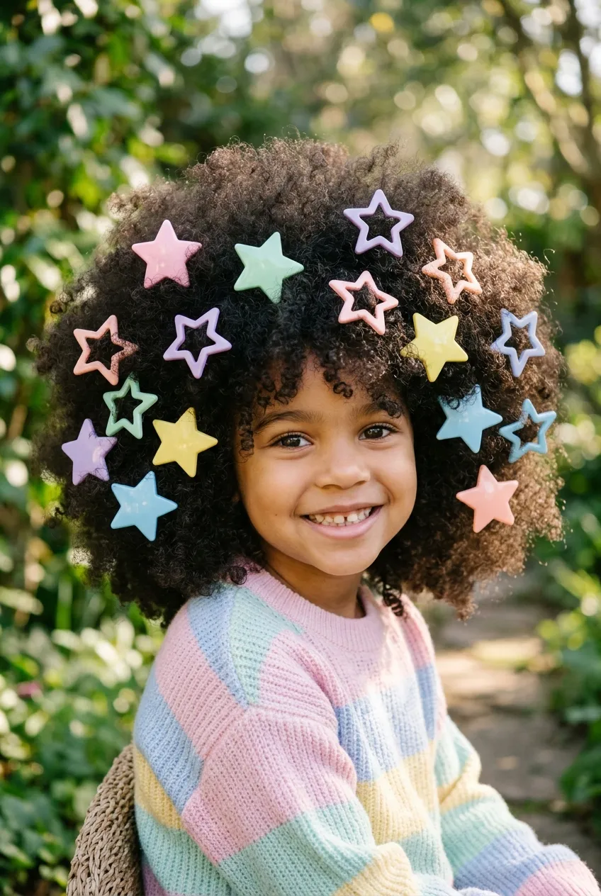 30 Star Hairstyles for Kids That Are Out of This World 11 Oversized Star Barrettes on Curls star hairstyle