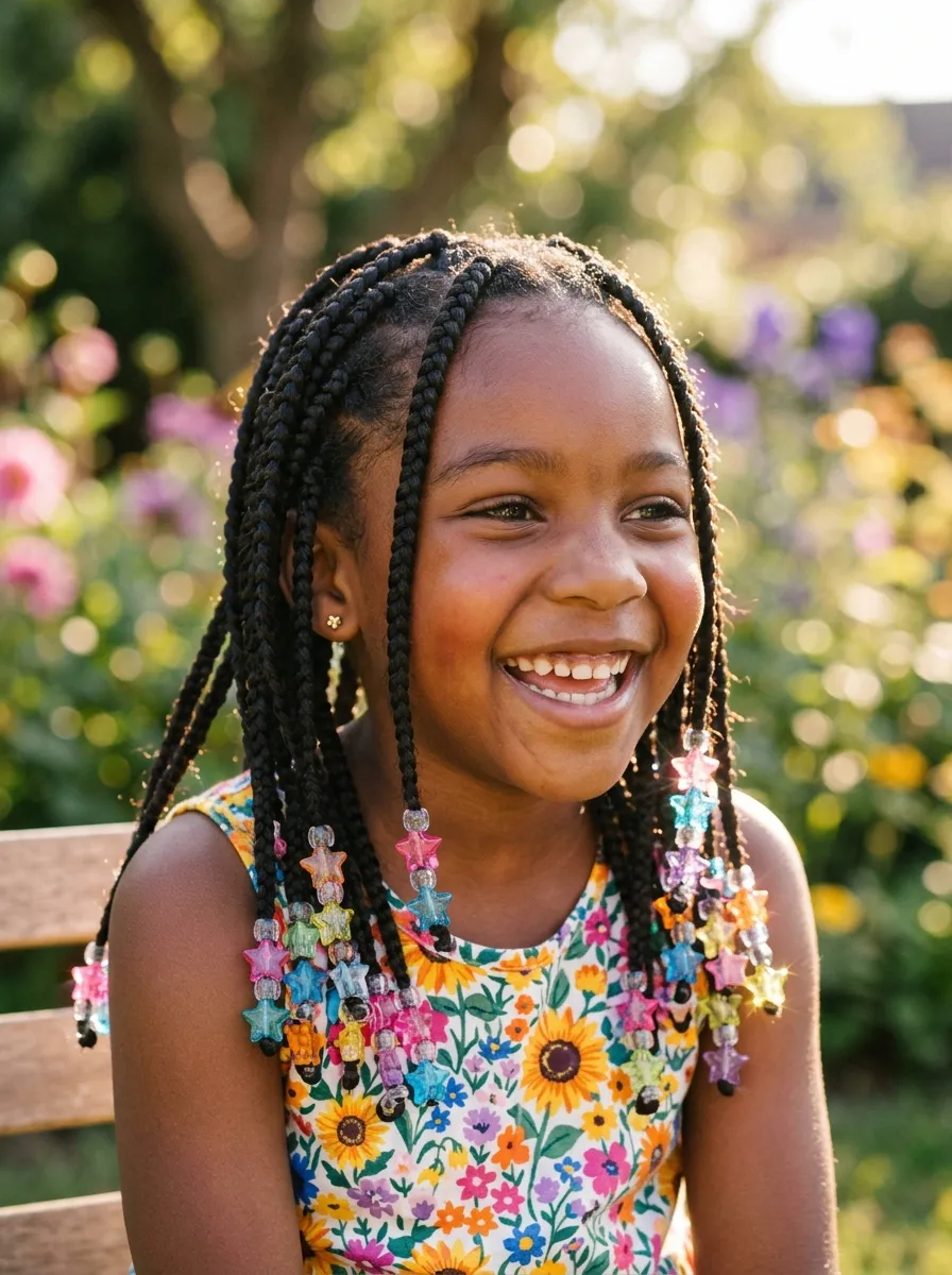 30 Star Hairstyles for Kids That Are Out of This World 4 Box Braids with Star Beads star hairstyle