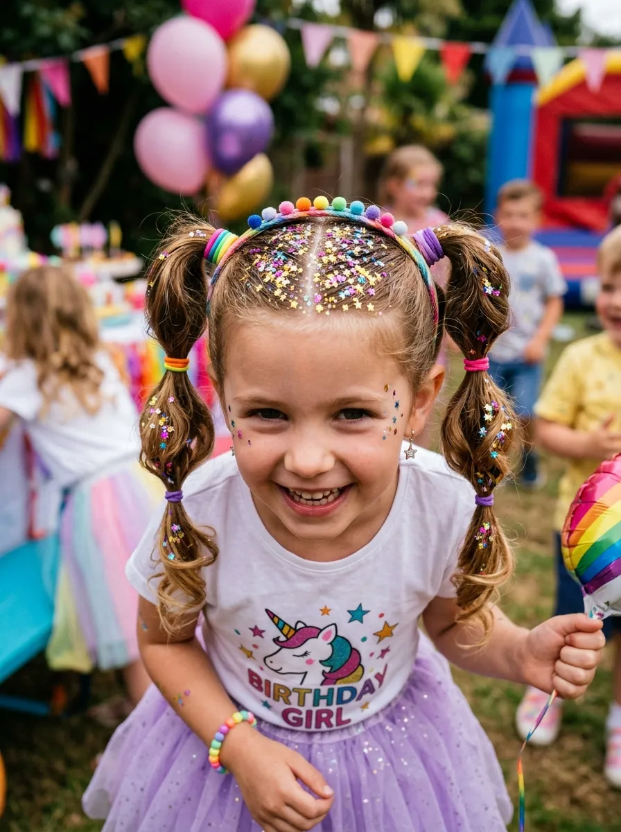 30 Star Hairstyles for Kids That Are Out of This World 6 Glitter Star Space Buns star hairstyle