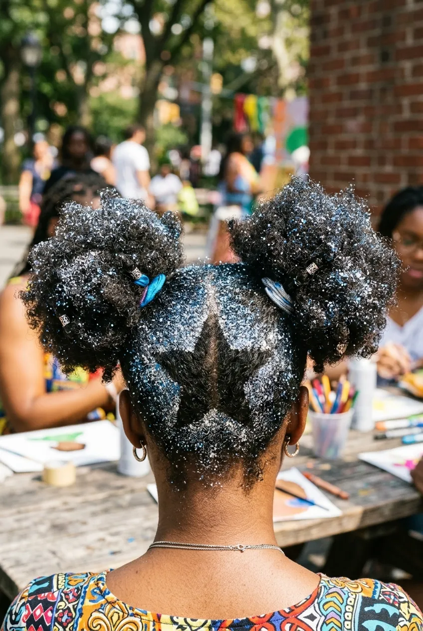 30 Star Hairstyles for Kids That Are Out of This World 22 Star Stencil with Glitter Spray star hairstyle