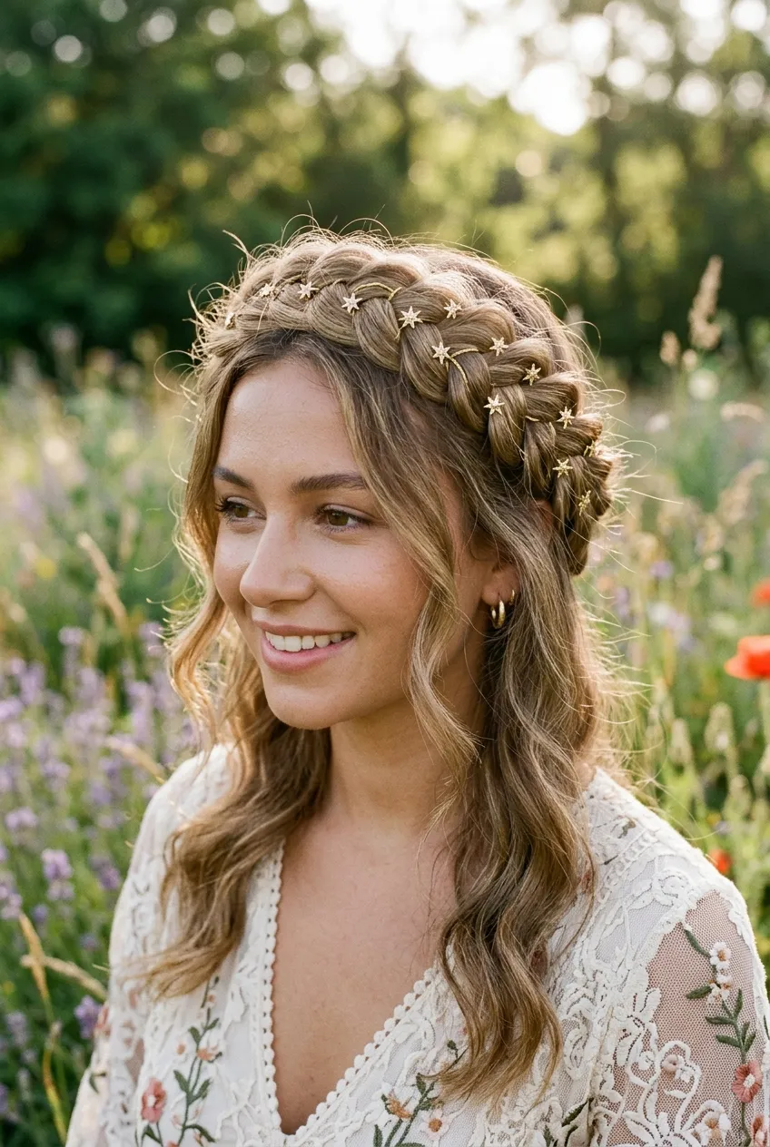 30 Star Hairstyles for Kids That Are Out of This World 26 Halo Braid with Star Pins star hairstyle