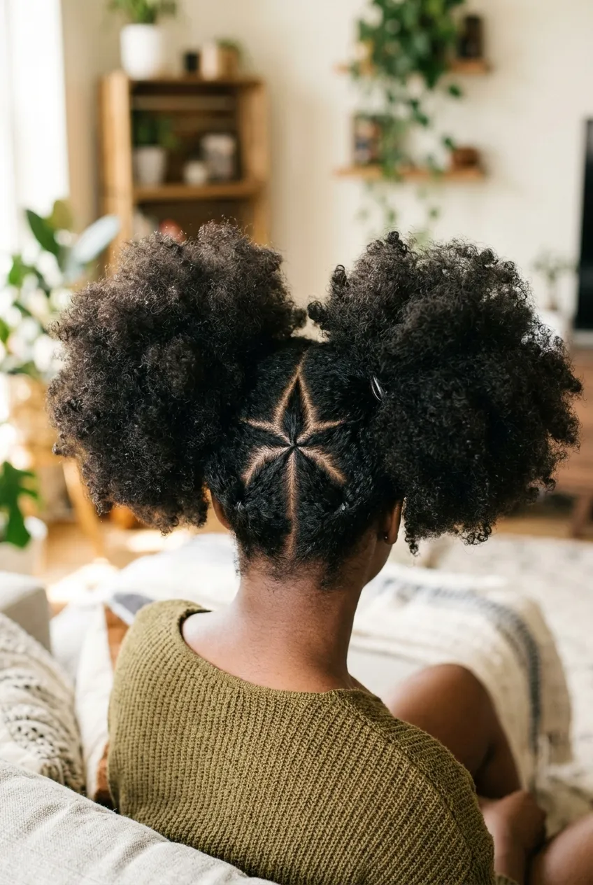 30 Star Hairstyles for Kids That Are Out of This World 28 Star Parting with Afro Puffs star hairstyle