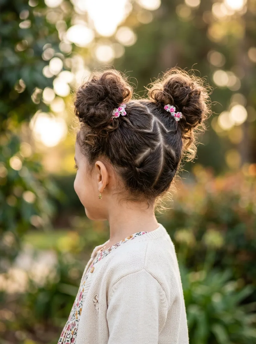 30 Star Hairstyles for Kids That Are Out of This World 3 Space Buns with Star Parting star hairstyle