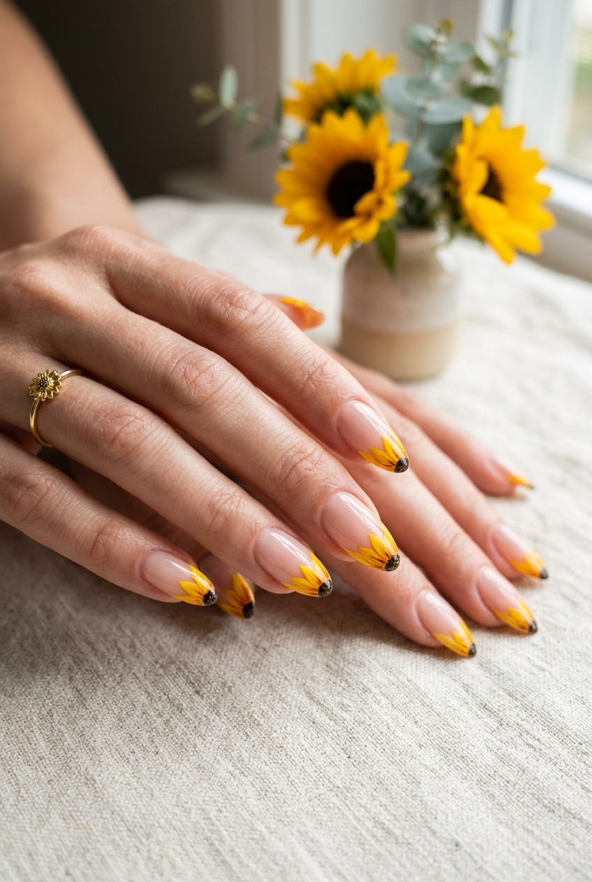 1. The Classic Sunflower French Tip for a Sunny Smile