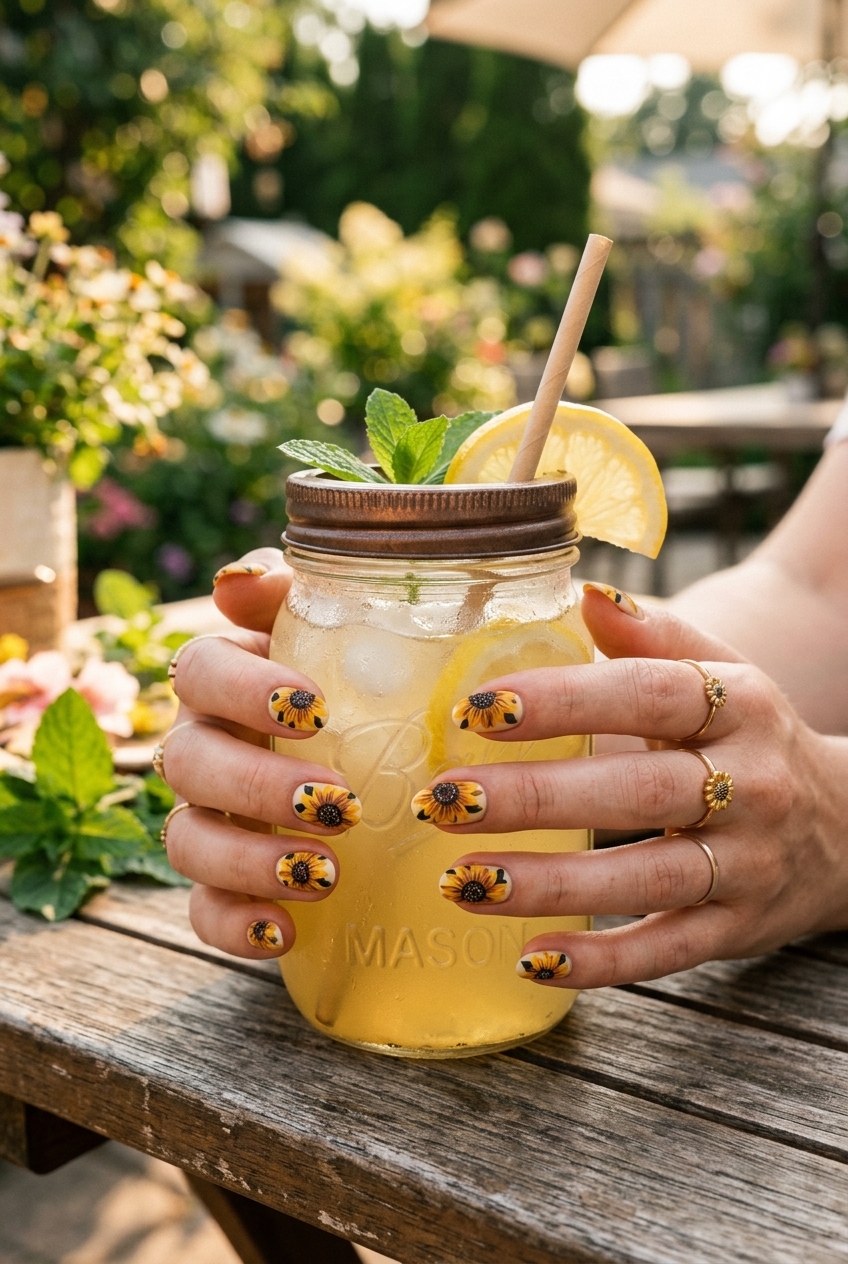 22. Matte Top Coat Over Bold Graphic Sunflowers