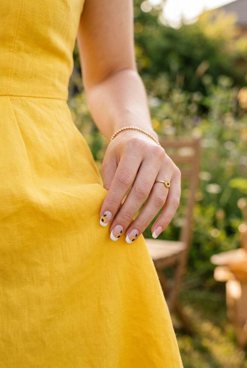 25. Classic White French Tips Adorned with Mini Sunflowers