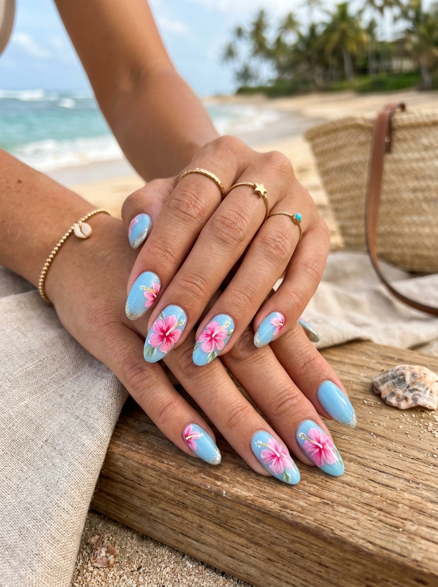 7. Hibiscus Flower Surfside Nails