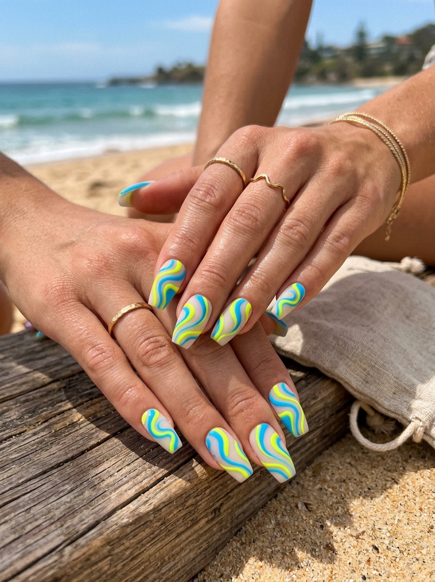 17. Neon Swirls Surfside Nails