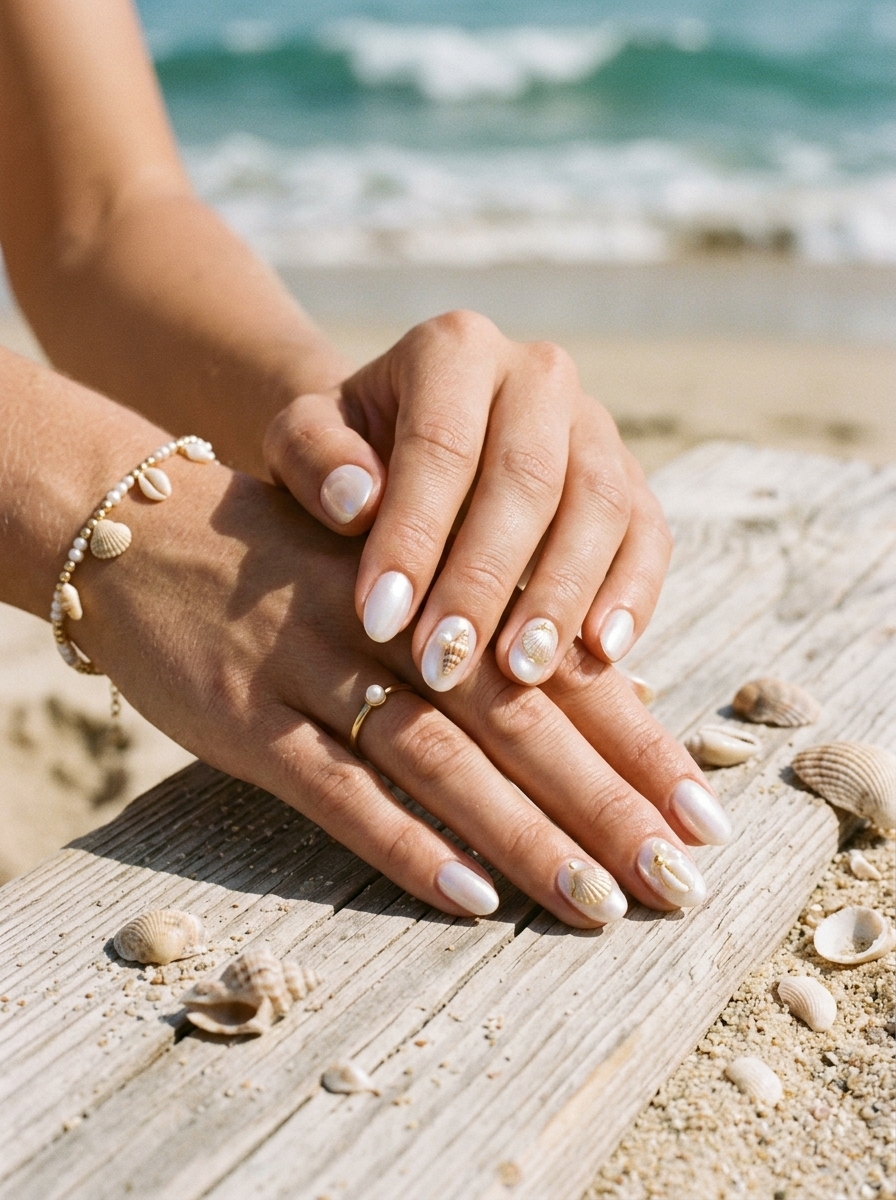 20. Pearl Seashells Surfside Nails
